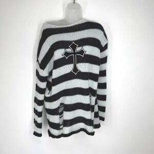 Womens Striped Distressed Gothic Cross Knit Sweater Size XS Oversized Grunge Emo